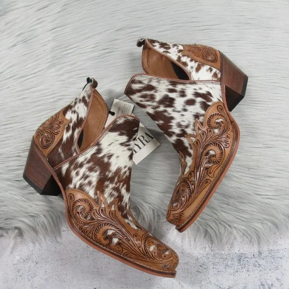 MYRA Western Boho Horse Jane Tooled Leather Hairon Calf-Hair Ankle Booties 10 - Picture 2 of 11